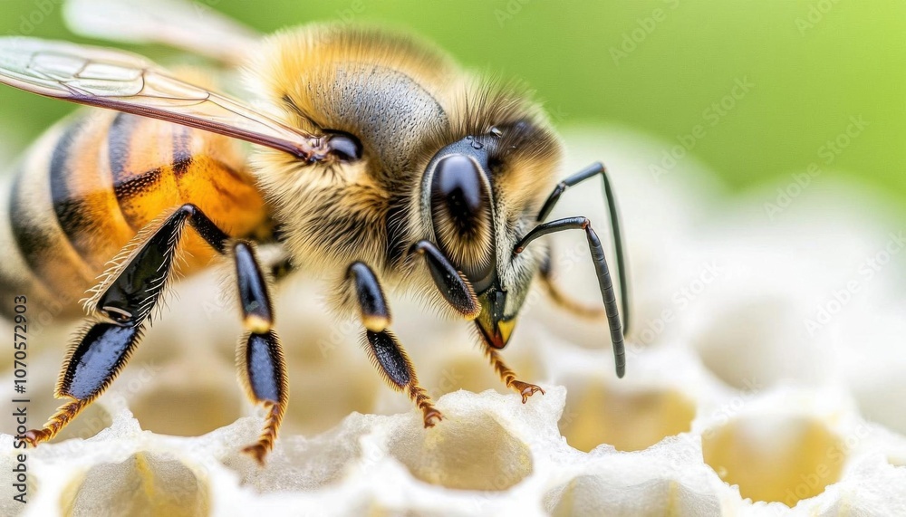 Bee s legs in closeup, pollen details and natural pollinator in focus, focus cover all  object, deep depth of field, no blur, photo not dark, everything is clear, copy space