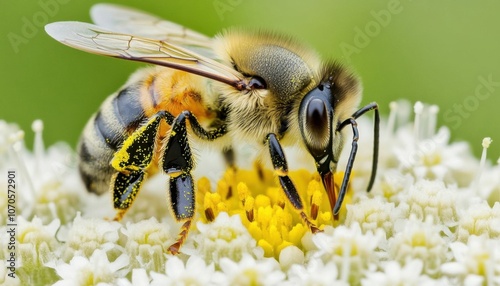 Bee s legs in closeup, pollen details and natural pollinator in focus, focus cover all  object, deep depth of field, no blur, photo not dark, everything is clear, copy space photo