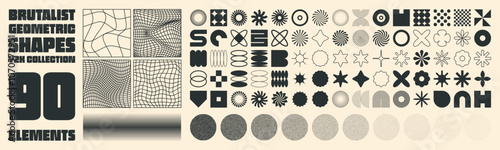 Brutalist geometric shapes, modern symbols. Groovy checkered pattern, distorted tiled grid. Simple elements, forms. Retro design, trendy contemporary minimalist style, y2k. Vector illustration