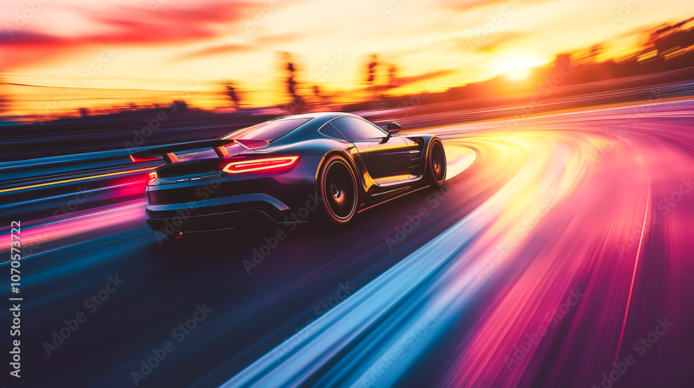 A futuristic car speeding at high velocity through a vibrant, blurred landscape at sunset A futuristic car speeding at high velocity through a vibrant, blurred landscape at sunset