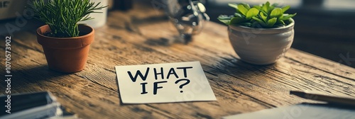 A note bearing the question 'WHAT IF?' is placed on a rustic wooden desk surrounded by potted plants and office supplies, evoking curiosity and introspection.