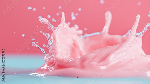 A vibrant splash of pink liquid against a soft blue and pink background, creating a dynamic and artistic composition.