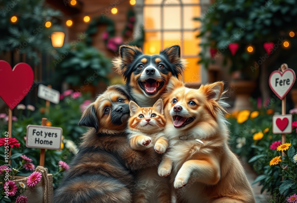 Obraz premium Adorable Pets Enjoying a Colorful Garden Together