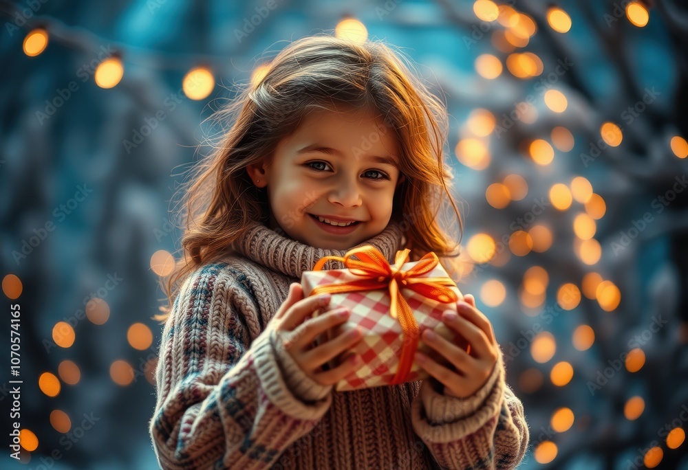 Joyful Child Celebrates with Holiday Gift in Cozy Setting Joyful Child Celebrates with Holiday Gift in Cozy Setting