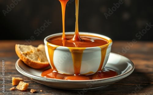 Caramel sauce is poured into a white cup on a wooden table photo