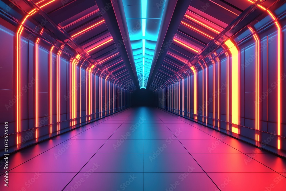 Fototapeta premium Futuristic hallway illuminated with vibrant neon lights creating a modern atmosphere.