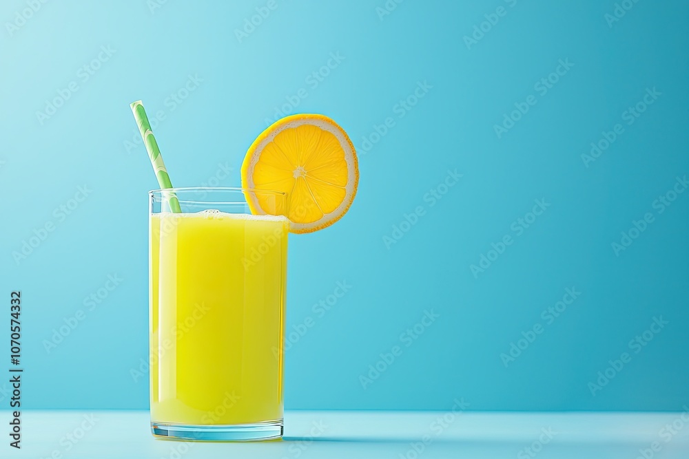 A tall glass of vibrant yellow lemon drink garnished with a lemon slice and green straw, set against a bright blue background. A tall glass of vibrant yellow lemon drink garnished with a lemon slice and green straw, set against a bright blue background.