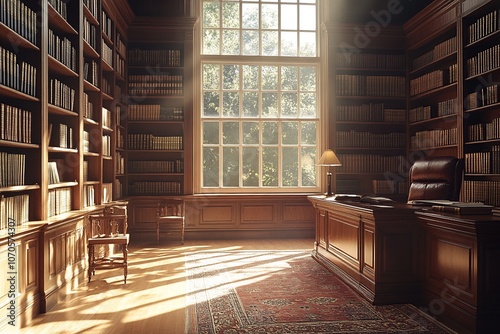 A serene judge's chamber featuring neatly arranged law books on shelves, a prominently displayed gavel on the desk, and soft sunlight filtering through large windows, creating an atmosphere of contemp