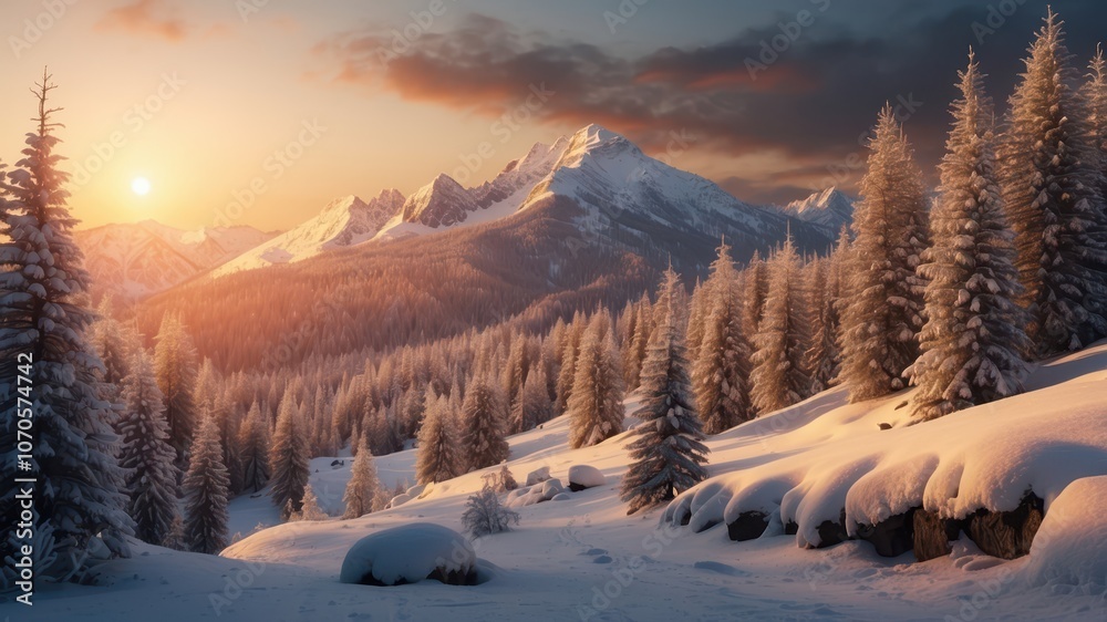 Fototapeta premium winter mountain forest at sunset, at dawn