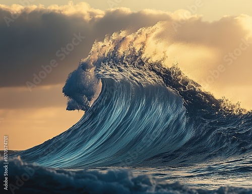 A massive, powerful wave rolling over the ocean's surface photo