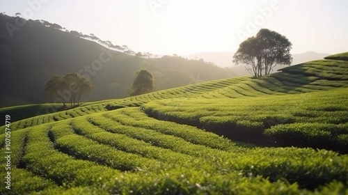 Lush Green Tea Plantation Landscape at Dawn