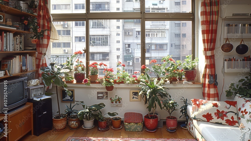A cozy, light-filled urban apartment with a large window showcasing vibrant potted plants, creating a serene indoor garden atmosphere amidst the city backdrop A cozy, light-filled urban apartment with a large window showcasing vibrant potted plants, creating a serene indoor garden atmosphere amidst the city backdrop