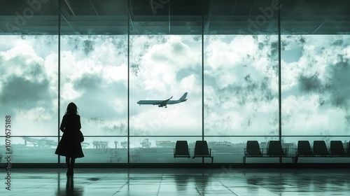 Real photo of travel by plane, woman passenger waiting in airport, silhouette of passenger watching aircraft taking off.