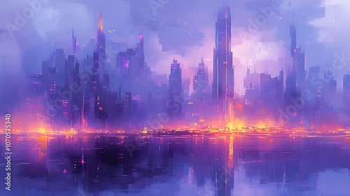 A futuristic city skyline with tall buildings and a glowing reflection in the water.