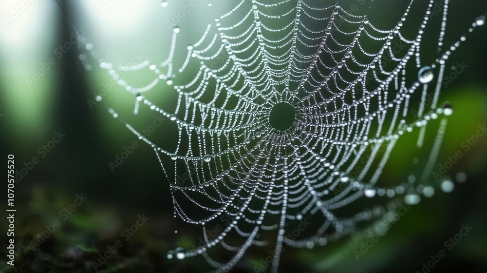 Dewdrops on spider web in forest light Dewdrops on spider web in forest light