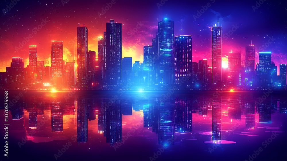 A futuristic cityscape with neon lights reflecting in water at night. A futuristic cityscape with neon lights reflecting in water at night.