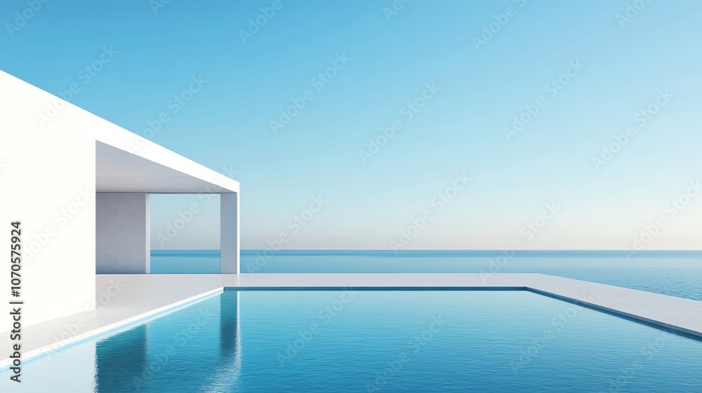 Fototapeta premium Abstract architectural design featuring large, curving forms, clean lines, and reflections in a serene water setting under a clear sky