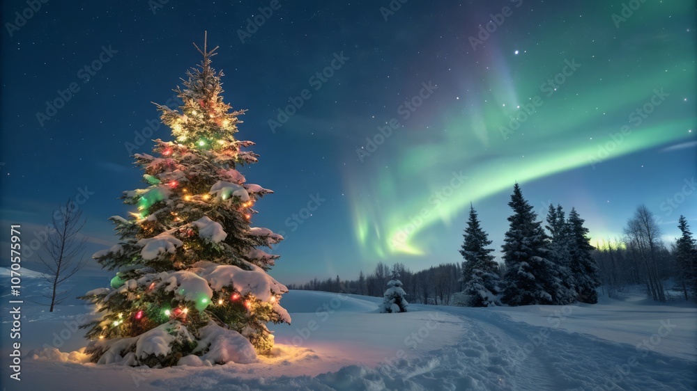 christmas tree in the night, idyllic snow winter night under north colorful sky christmas tree in the night, idyllic snow winter night under north colorful sky