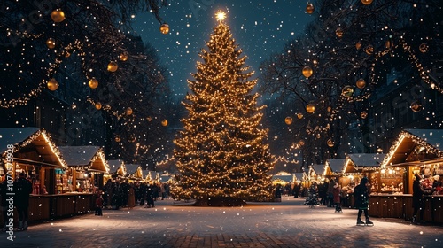 Festive Christmas Tree in a Busy Market Setting