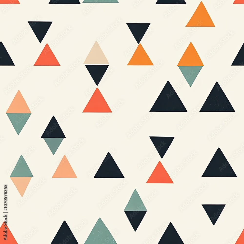Abstract Geometric Pattern with Triangles and Rhombuses in Orange, Red, Blue, and Black on a White Background