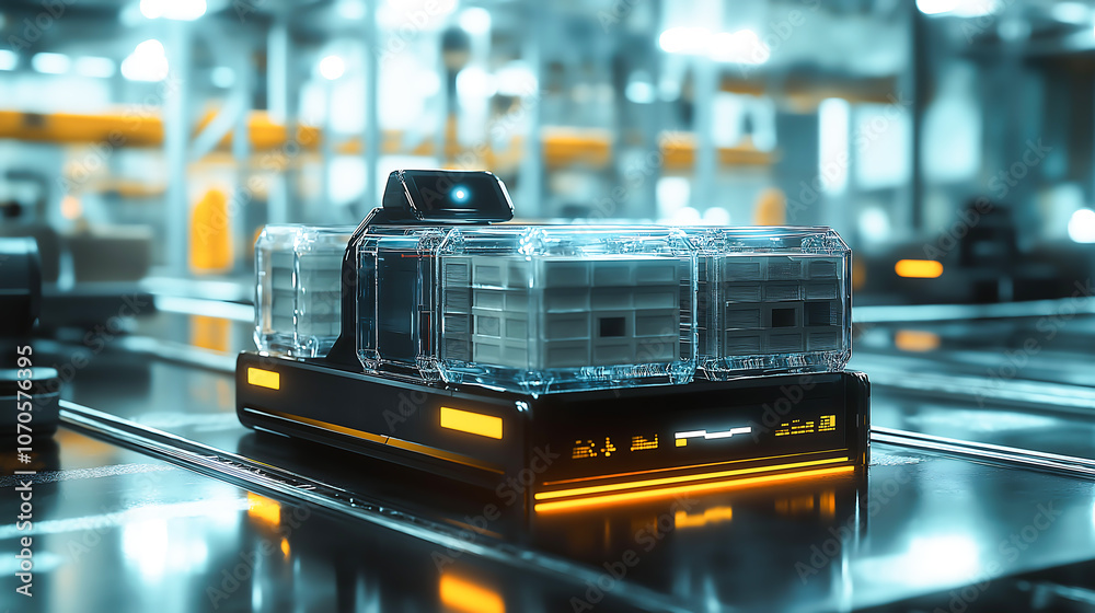 A robot operating in a modern warehouse, moving boxes for shipment to a logistics center. Robotics in logistics and warehouse management