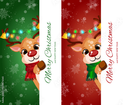 Merry Christmas Greeting Labels in Red & Green Variations with Cute Reindeer with Festive Lights in Antlers Peeking 