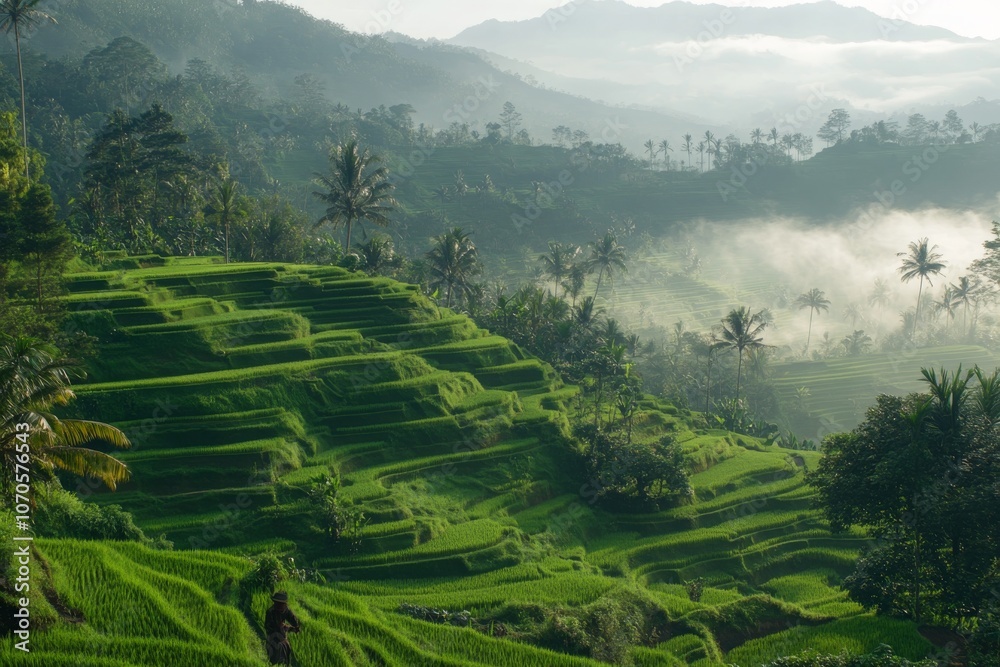 Fototapeta premium Lush green terraced rice fields in misty valley