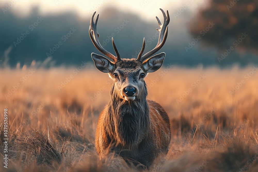 Golden Deer with Antlers in Woodland Meadow at Dusk Golden Deer with Antlers in Woodland Meadow at Dusk
