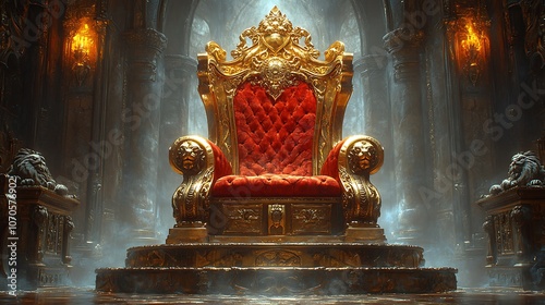 A grand, ornate golden throne with a red velvet cushion sits on a stone platform in a dimly lit room.