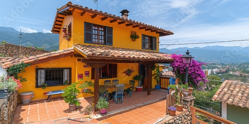Stunning and vibrant yellow house with terracotta roof tiles nestled in a picturesque mountainous landscape adorned with colorful flowers and lush greenery