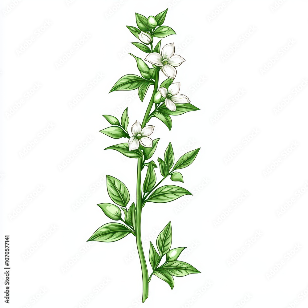 Fototapeta premium A detailed illustration of a plant with white flowers and green leaves on a white isolated background.