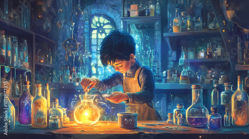 The alchemist's glimmer: a young alchemist meticulously crafts a glowing potion in his mystical workshop, surrounded by bottles and enchanted light. Enchanted. Illustration photo