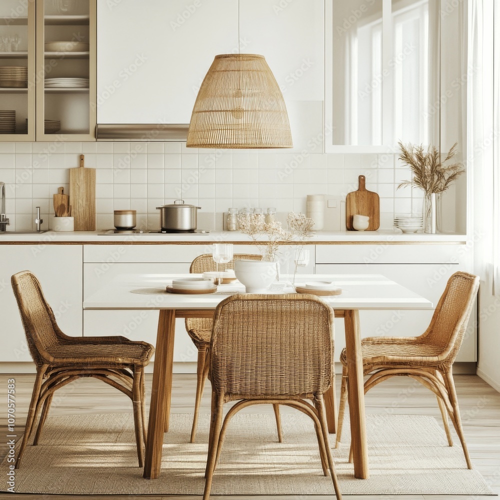 A stylish kitchen with a dining table and chairs. It has white countertops and a lamp. A stylish kitchen with a dining table and chairs. It has white countertops and a lamp.