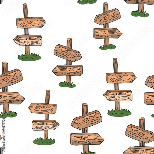 Seamless pattern with hand drawn road signs. Wooden signs with arrows. Nice design. Cartoon vector illustration for fabris, textile