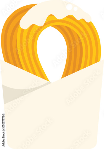 Two churros are standing in a paper bag with white cream on top