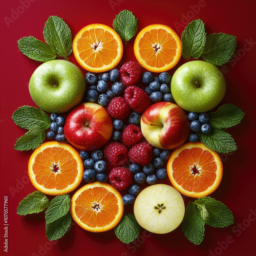 Fruit symmetrical mandala art on red background
