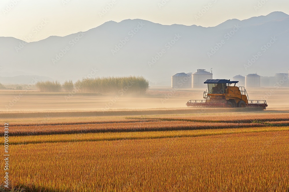 Fototapeta premium Combine harvester working in golden rice field
