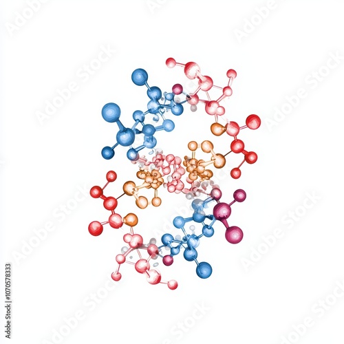 Abstract molecular structure with colorful atoms on a white background.