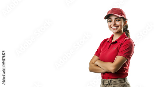 Fototapeta Naklejka Na Ścianę i Meble -  Female gas station worker,wears pure color polo shirt and cargo pants,white background,copy space.