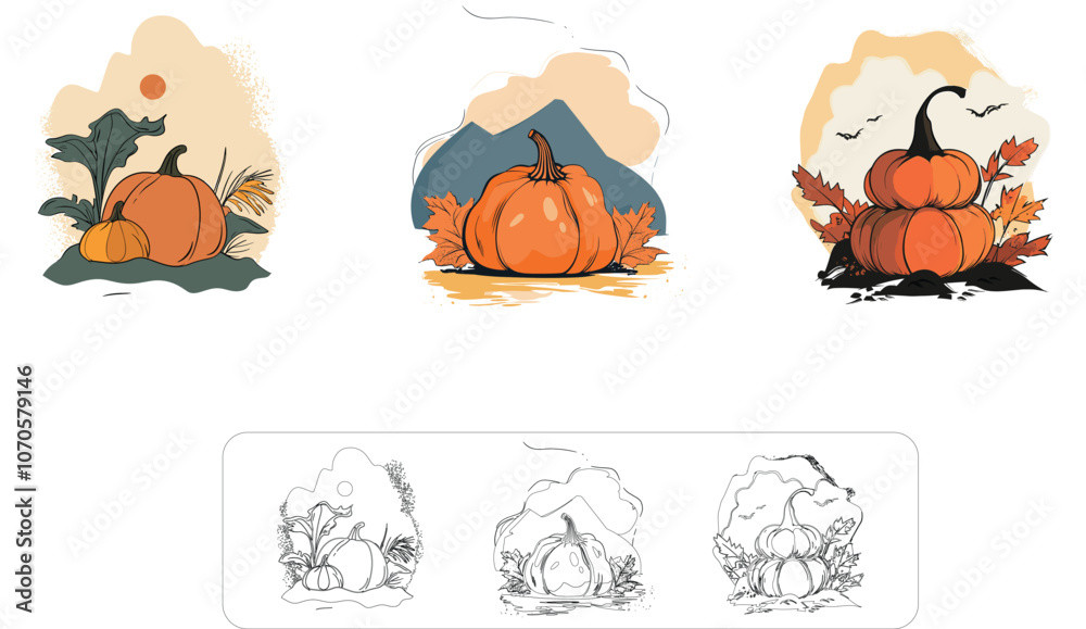 Fototapeta premium Colorful Autumn Harvest Illustrations Featuring Pumpkins and Leaves