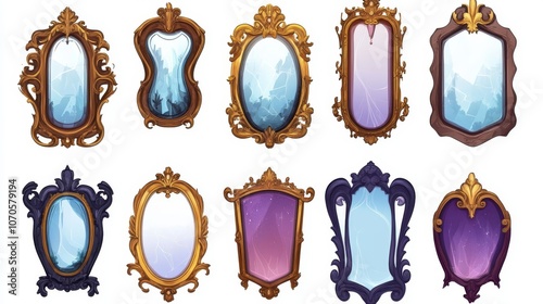 Set. Magic mirrors in a frame for the design of the game interface. On a white background,