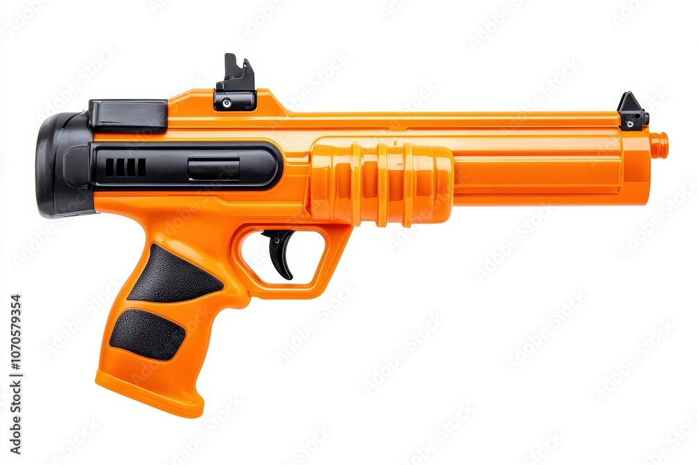 Bright orange toy gun with detailed design, isolated on a white background. Bright orange toy gun with detailed design, isolated on a white background.