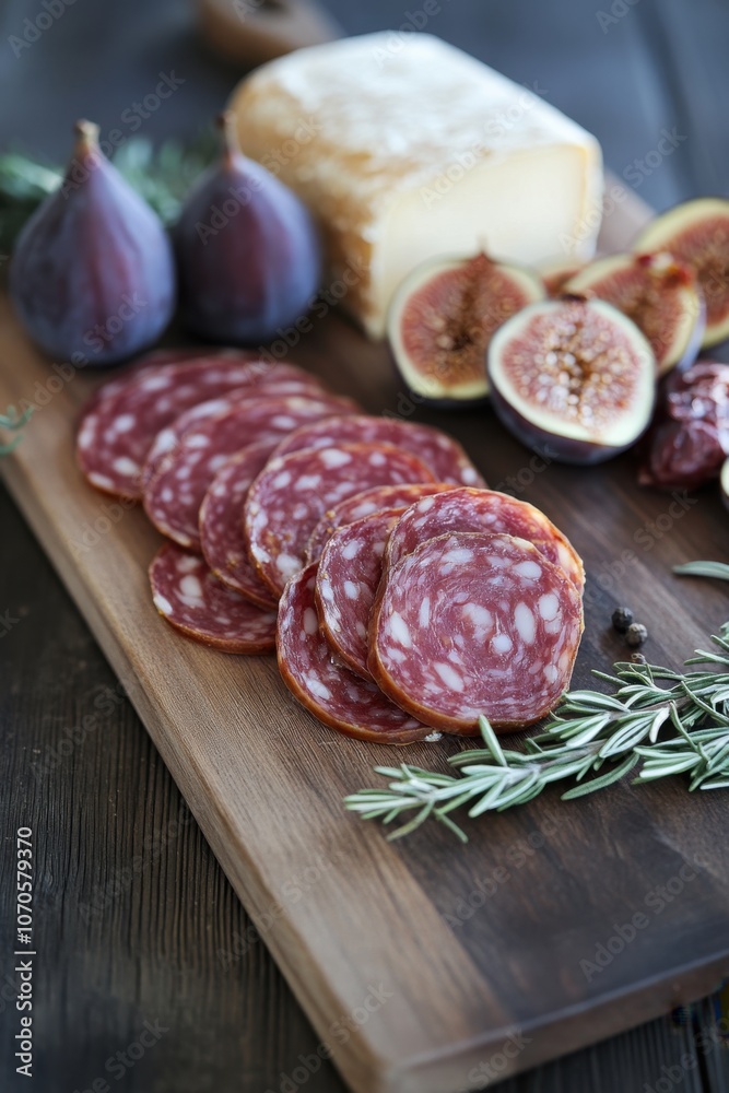 Rustic charcuterie board with salami, figs, and cheese for gourmet dining experience Rustic charcuterie board with salami, figs, and cheese for gourmet dining experience