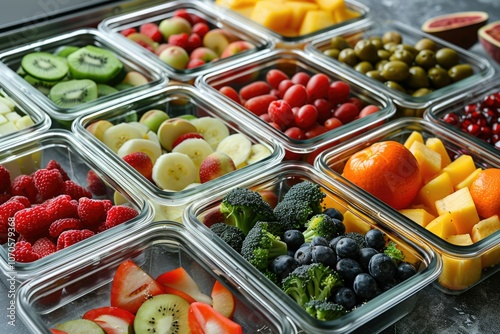 Creative glass food container with various fruits and vegetables image.