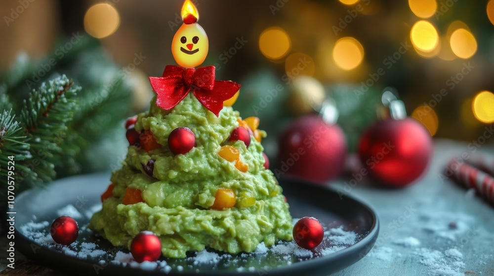 Festive christmas tree guacamole dip with decorative ornaments and holiday lights