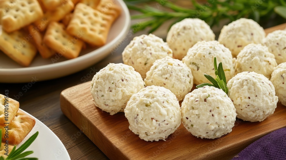 Savory cheese balls on wooden board with crackers and herbs Savory cheese balls on wooden board with crackers and herbs