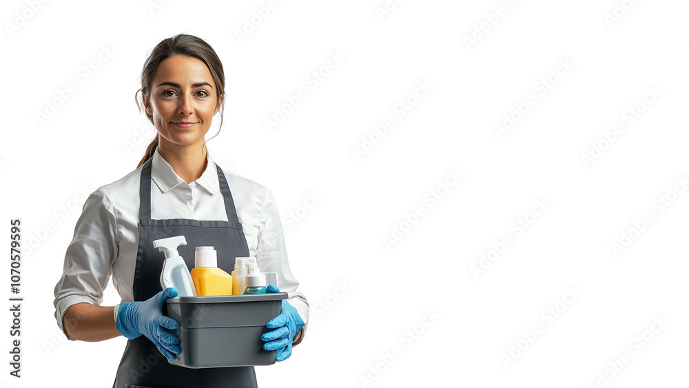 Professional cleaning service worker holds bucket of supplies,white background,banner,copy space. Professional cleaning service worker holds bucket of supplies,white background,banner,copy space.