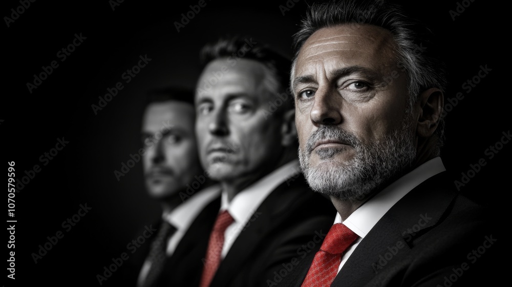 Three business professionals in formal attire pose for a striking portrait highlighting their expressions and confidence in a dark setting Three business professionals in formal attire pose for a striking portrait highlighting their expressions and confidence in a dark setting
