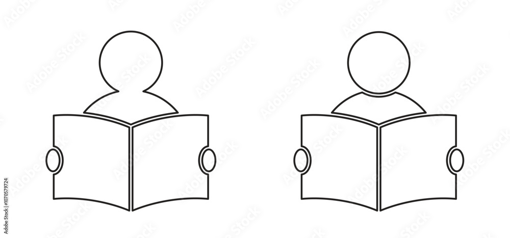 Cartoon person reading a book. Read a newspaper paper. learn book icon or symbol. Studying, school concept. Book reader logo. Student, learns from books. World book Day. Cartoon person reading a book. Read a newspaper paper. learn book icon or symbol. Studying, school concept. Book reader logo. Student, learns from books. World book Day.