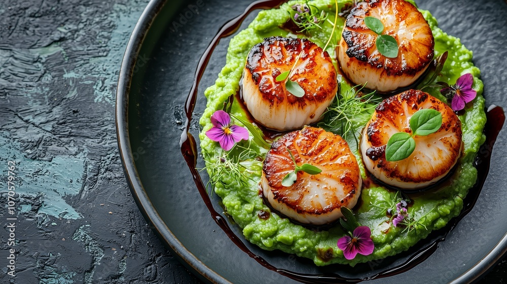 Gourmet Scallops on Green Puree with Edible Flowers Gourmet Scallops on Green Puree with Edible Flowers